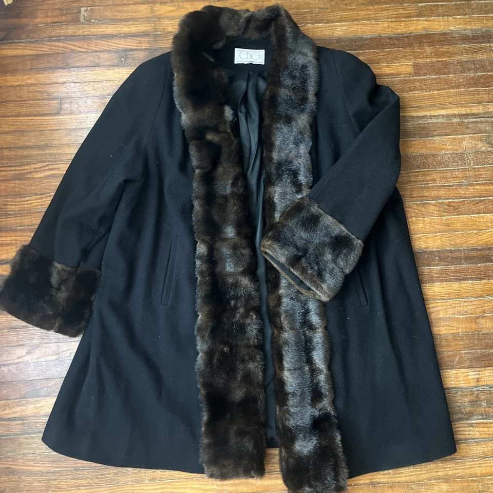 VIntage женщин шерсти длинное пальто 2 X искусственного меха черный пенни переулок Mob жена - Изображение 1 из 4