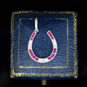 French Cut Ruby and Diamond Horseshoe Platinum Charm Pendant - Picture 1 of 11