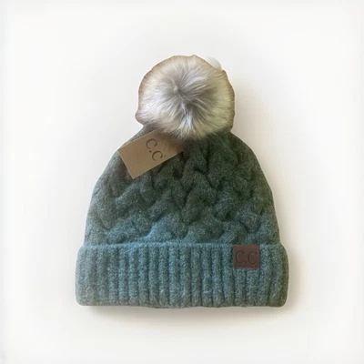 C.C Beanie Olive /Sage Thick Cable Knit Faux Fur Pom Fleece Lined Cuffed Cap New - Image 1 of 4