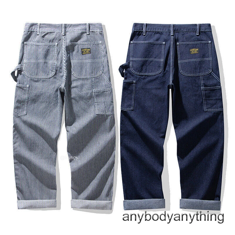Men Primary Denim Jeans Railroad Stripe Worker Pants Straight Leg Cargo Trousers - Imagem 1 de 4