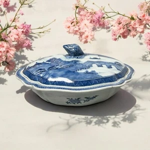 Antico piatto da portata porcellana blu cinese Export Nanking Canton con coperchio - Foto 1 di 21