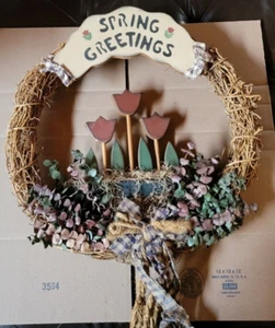 20'' Spring Greetings Wreath-Vintage - Adorned w/Wood Tulips and Twine Bow W1 - Picture 1 of 6