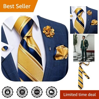 Juego de corbata a rayas azul seda amarillo con cuadrado de bolsillo, gemelos y pasador de solapa Foto 1 de 4