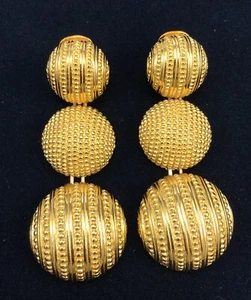 Vtg Large Christian Dior Gold Tone Round Hemisphere Dangle Drop Clip Earrings - Picture 1 of 11