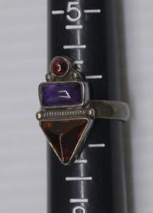 L - VINTAGE SOUTHWESTERN STERLING SILVER RING w 3 STONES, AMBER ++, SIZE 6.5 - Picture 1 of 6