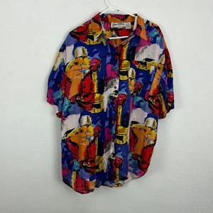 Jane Ashley Womens Abstract Watercolor Print 100% Silk Shirt Large Short Sleeve - Picture 1 of 7