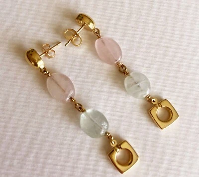 Pendientes colgantes de oro macizo de 14k de cuarzo italiano y aguamarina Foto 1 de 3