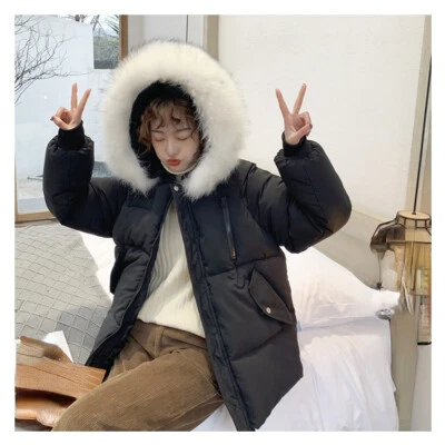 Lady Puffer Coat Jacket Hooded Winter Faux Fur Collar Quilted Padded Warm Jacket - Image 1 of 4