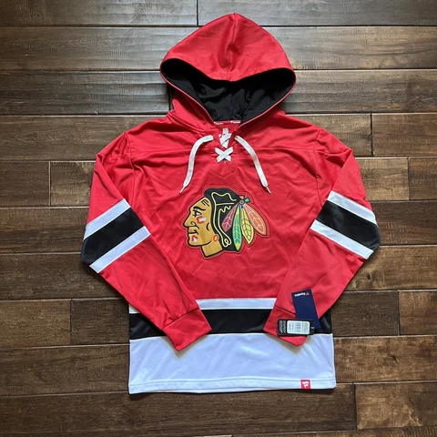 Chicago Blackhawks Fanatics NHL Lace-up Hoodie Jersey Men's M NWT Home Red Black Cover