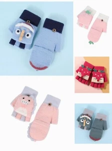 Convertible Flip Top Cartoon Knitted Gloves with Mitten Cover Kid Gloves - Picture 1 of 6
