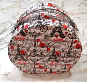 COSMETIC, MAKEUP, JEWELRY, CARRY CASE w/ handle & mirror, Paris Themed,  Round - Picture 1 of 9