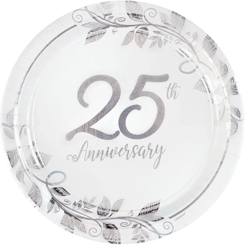 Pratos metálicos 25º aniversário 10,5 polegadas pacote com 8 utensílios de mesa de aniversário - Imagem 1 de 1