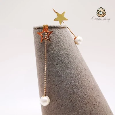 Trendy Asymmetrical Rose Gold Plated Earrings with 8.5mm Natural Pearls Unique - Image 1 of 4