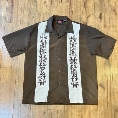 Vintage Y2K Dragonfly Clothing Shirt ~ Brown Tribal Button Up Top ~ Mens Large - Image 1 of 4