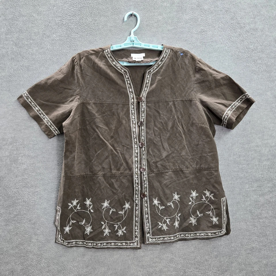 Camisa con botones Dressbarn para mujer XL marrón seda bordado floral Foto 1 de 4