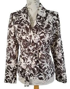 ALLEN A B S Schwartz Blazer Brown White Floral Belted Jacket Women's Size 2 - Picture 1 of 19