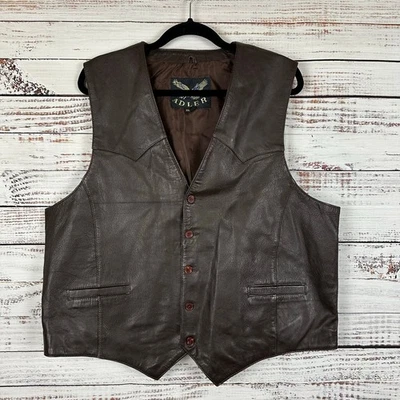 Chaleco de motociclista occidental abotonable de cuero marrón ADLER vintage para hombre bolsillos de vaquero XXL Foto 1 de 4