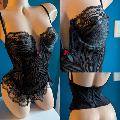 80s Vtg Corset Bustier Girdle Bra 36 NWOT Pin-Up Animal Print Lace Unbranded HTF - Image 1 of 4