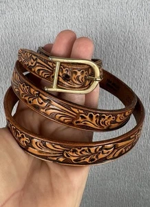 Justin Skinny Belt Top Grain Cowhide Leather Embossed Nature Western 34 Waist - Picture 1 of 7
