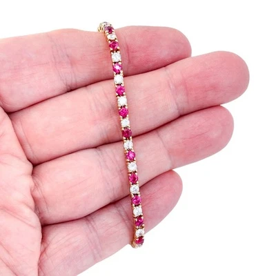 Sterling Silver Gold Tone Lab-Created Ruby and Cubic Zirconia Tennis Bracelet 7" - Image 1 of 4