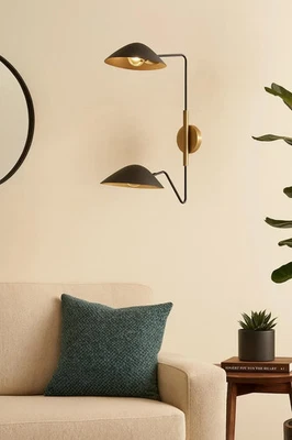 Mid-Century Modern Double Wall Sconce – Black & Brass Adjustable Light Fixture f - Image 1 of 4