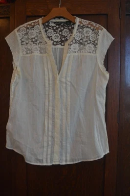 BLUSA MARFIL FLORAL BORDADO ENCAJE ABOTONADA POR EDDIE BAUER ~ L Foto 1 de 4