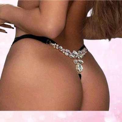 Sexy Tanga Bling Con Cristal Vidrio Forma Rombica Estrás y Correas Ajustables Foto 1 de 4