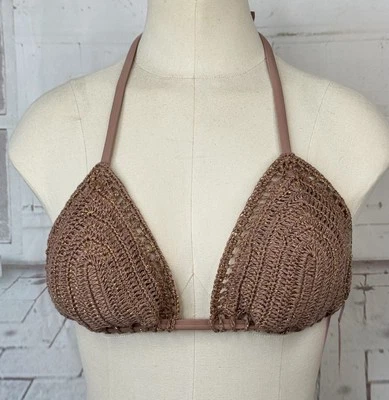 Xhilaration Juniors Beige Brown Bikini Crochet Swim Triangle Top Large 8 10 NEW - Image 1 of 4