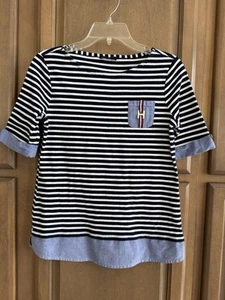 TOMMY HILFIGER Womens Blue/White Striped Cotton Pullover Blouse Top ~ Size M - Picture 1 of 10