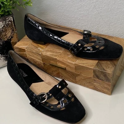 Michael Kors Black Suede Patent Leather Flats Square Toe Buckle Mary Jane Size 8 - Image 1 of 4