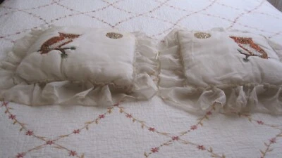 2 Owl Throw Pillows Boho Retro Organdy Beads Embroidery Sequins White Ruffles - Image 1 of 4