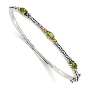 925 Sterling Silver Oval Peridot Hinged Bangle Bracelet - Picture 1 of 9