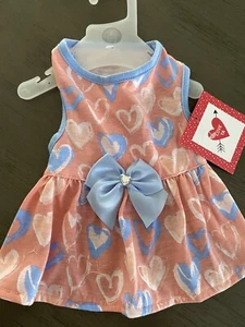 ROPA MASCOTA MELOCOTÓN CON CORAZONES BLANCOS Y AZULES, RIBETE AZUL Cachorro/Perro PEQUEÑO - Imagen 1 de 2
