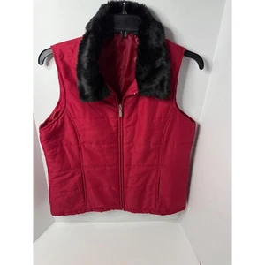 Jane Ashley Red Puffer Vest Faux Fur Collar Sleeveless Jacket L - Picture 1 of 3