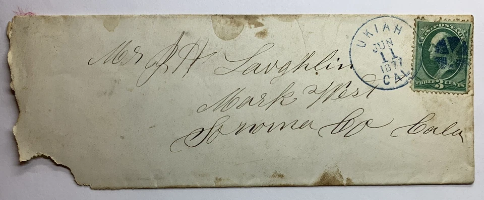 1877 U.S. LONG COVER WITH BLUE FANCY CANCEL UKIAH CALIFORNIA TO SONOMA - Image 1 of 4