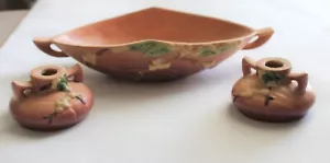 Vintage 3 pc Set - Roseville Console Bowl & Candle Holders - Pink Snowberry - Picture 1 of 4