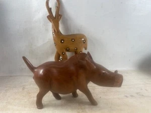African Carved Warthog And Antelope And Baby Treen Figurine Vintage - Picture 1 of 10