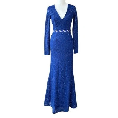 Vestido trompete La Scala estilo 23550 manga longa lantejoulas e strass renda azul P - Imagem 1 de 4