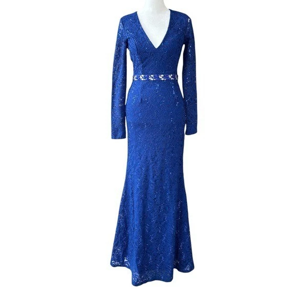 Vestido Trompeta Encaje La Scala Estilo 23550 Manga Larga Lentejuelas y Estrás Azul S Foto 1 de 4