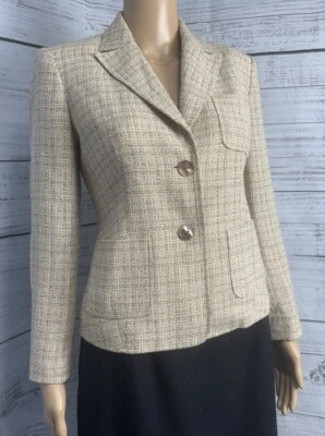 Talbots Petites Sz2 Linen Blend Tweed Blazer Jacket 2 Button Cream Tan Gold EUC - Image 1 of 4