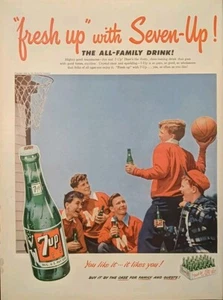 1952 7up All American Soda Drink, Young Men Playing Basketball Print Ad  - Picture 1 of 1