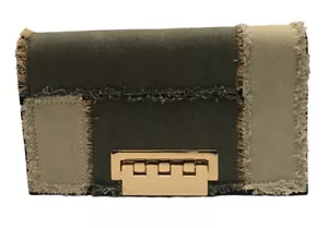 Zac Zac Posen Clutch Earthette Leather Denim Removable Strap Gold Trim Patchwork - Picture 1 of 17