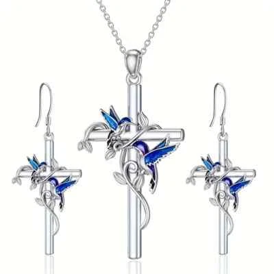 Blue Bird Hummingbird Cross Pendant Necklace & Earring Set Silver Jewelry Set - Image 1 of 4