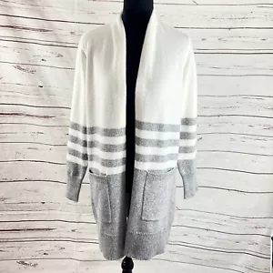Michael Kors Sweaters Women’s Medium White Gray Open Cardigan Striped Pocket New - Picture 1 of 12