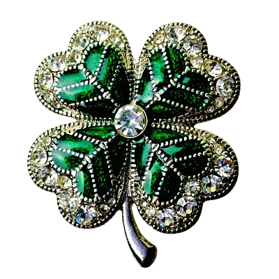 Broche Trébol Verde Napier 4 Hojas Esmalte Cristales Tono Plata NUEVO Foto 1 de 4