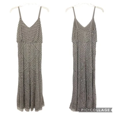Adrianna Papell Art Deco Beaded Blouson Silver Formal Gown Dress Size 6 Petite - Image 1 of 4