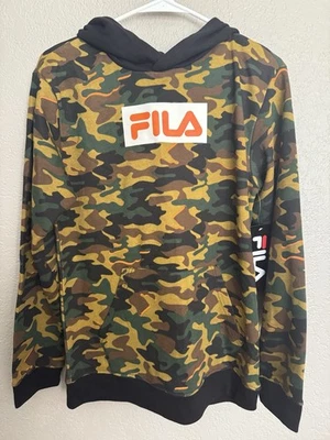 Fila Logo Camo Camouflage Long Sleeve Pullover Hoodie Boys Size L 14-16 NEW - Image 1 of 4
