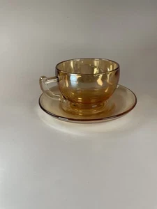 Jeanette Glass Tea Cup & Saucers Marigold Iridescent Carnival Glass VTG - Picture 1 of 8