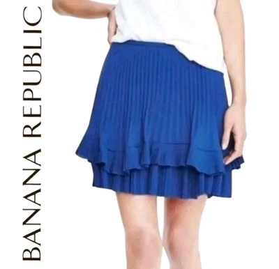 全新带标签 Banana Republic 钴蓝色雪纺荷叶边迷你裙女式 8 中号 — 第 1/4 张图片