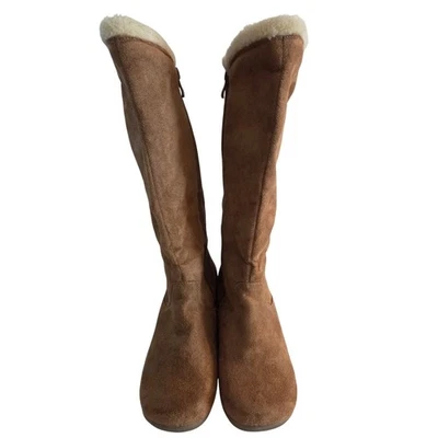 Boots Knee High Brown Faux Suede Faux Fur Trim Gold Buckle Accent Size 8 - Image 1 of 4